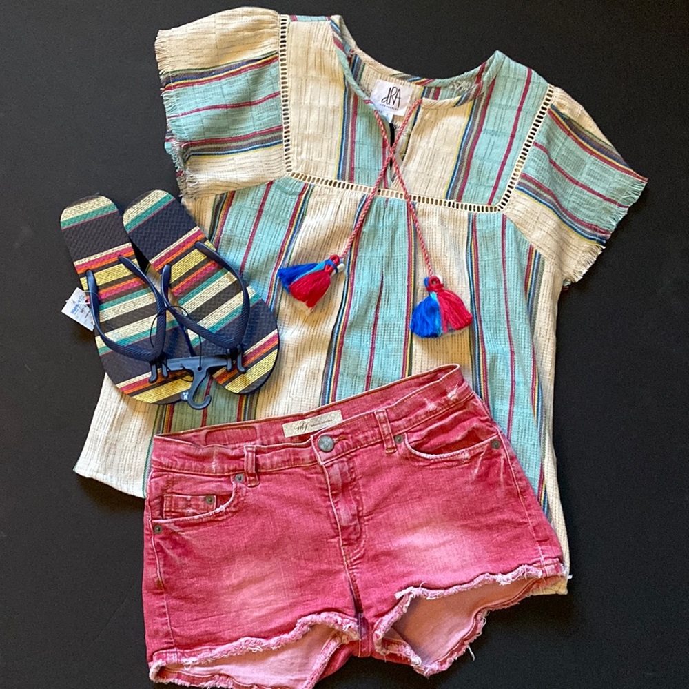 NWT Anthropologie dRA Stripe Tassel Front Linen Blend Short Sleeve Top Size S
